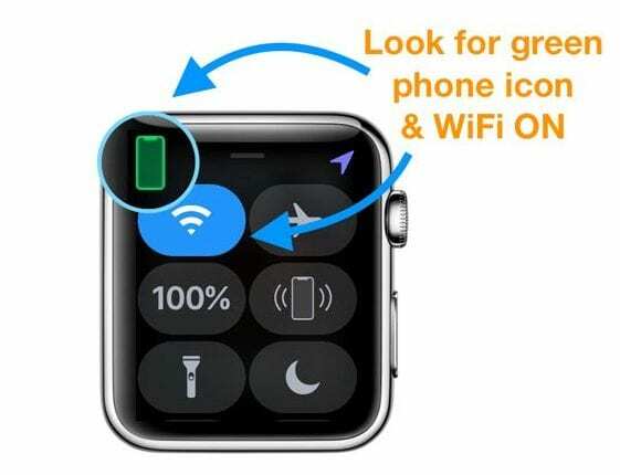 Kontrolcenter på Apple Watch WiFi tændt og telefon tilsluttet