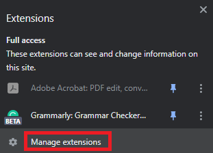 Haga clic en Administrar extensiones