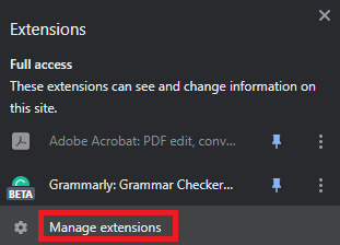 एक्सटेंशन प्रबंधित करें पर क्लिक करें