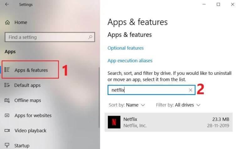 Faceți clic pe Aplicații și caracteristici, apoi introduceți Netflix în caseta de căutare