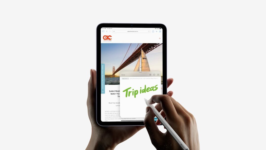 2021년형 iPad mini와 Apple Pencil 2는 iPadOS 15에서 퀵 노트를 작성하는 데 사용됩니다.