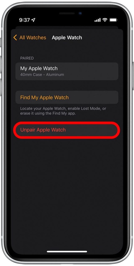 Apple Watch 페어링 해제를 탭합니다.