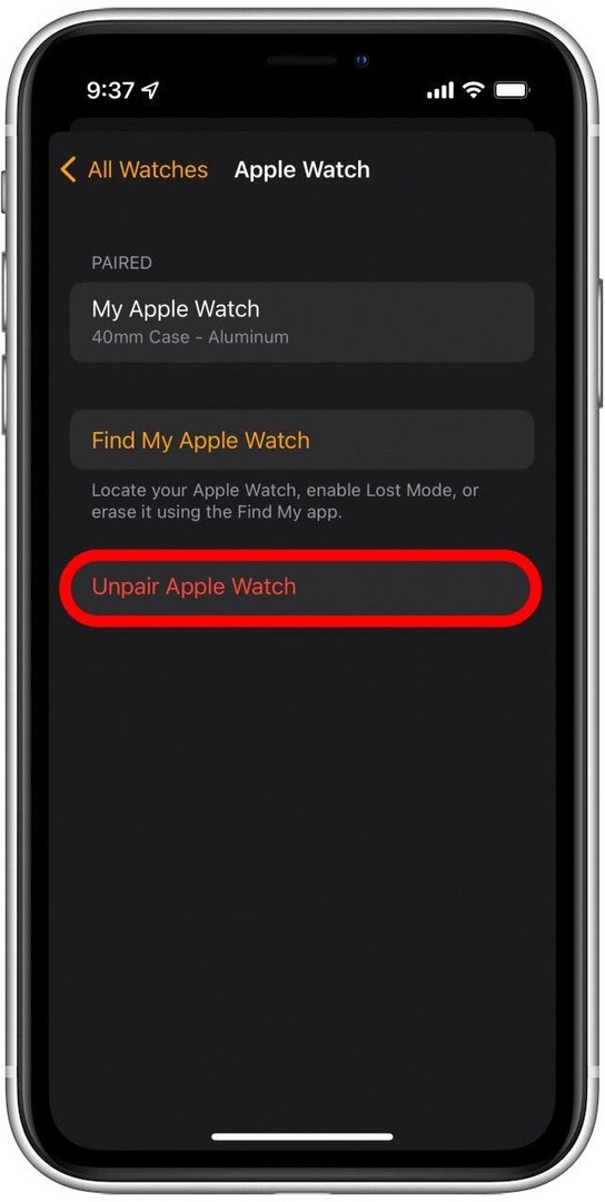 اضغط على Unpair Apple Watch.