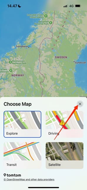 Snímek obrazovky s ikonou x v Choose Map for iOS