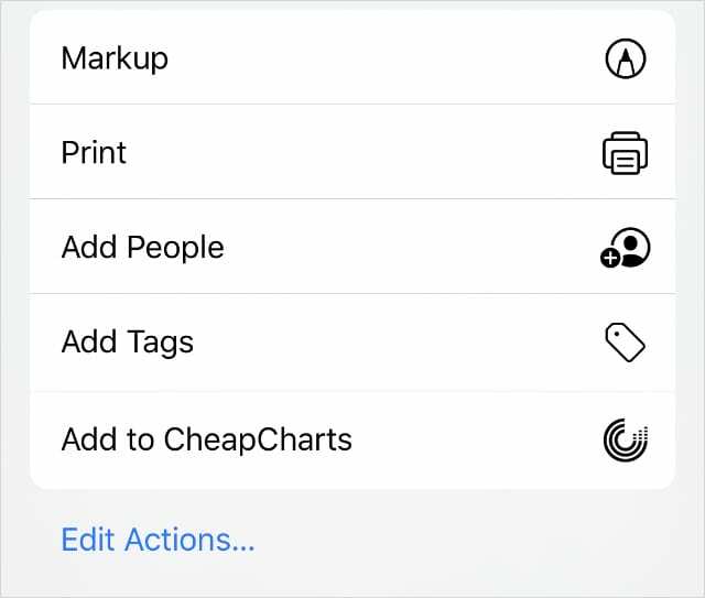 Muokkaa toimintoja -vaihtoehto Share Sheet -sivun alaosassa