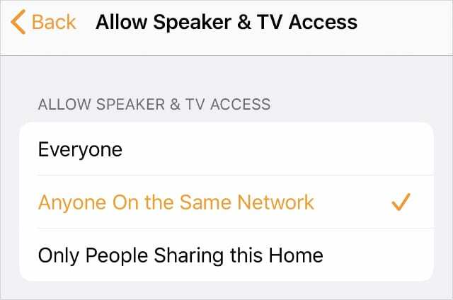 Zugriff auf Fernseher und Lautsprecher für alle Benutzer im selben Netzwerk zulassen Home-App-Einstellungen