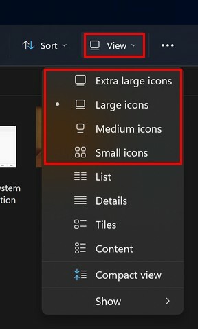 Attēla sīktēla lieluma opcijas programmā File Explorer