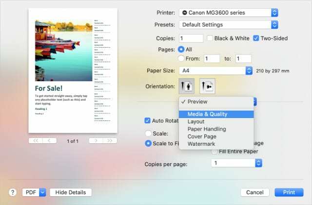 Išplėstinės spausdinimo parinktys sistemoje „MacOS“.