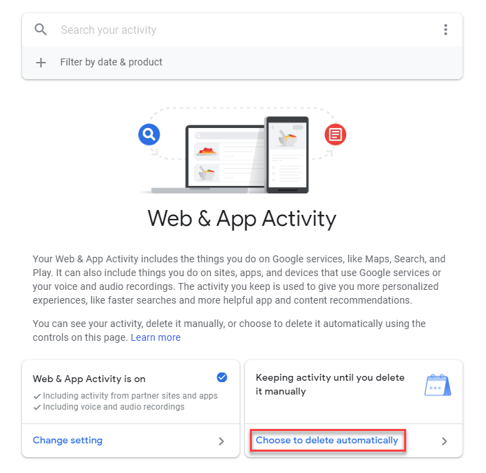 Изтриване на активност в мрежата и приложенията от акаунт в Google 