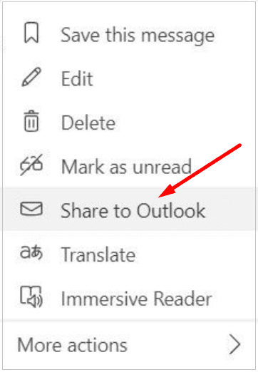 שתף לצ'אט של Outlook ms teams