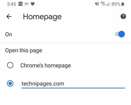 Chrome Android Set Početna stranica