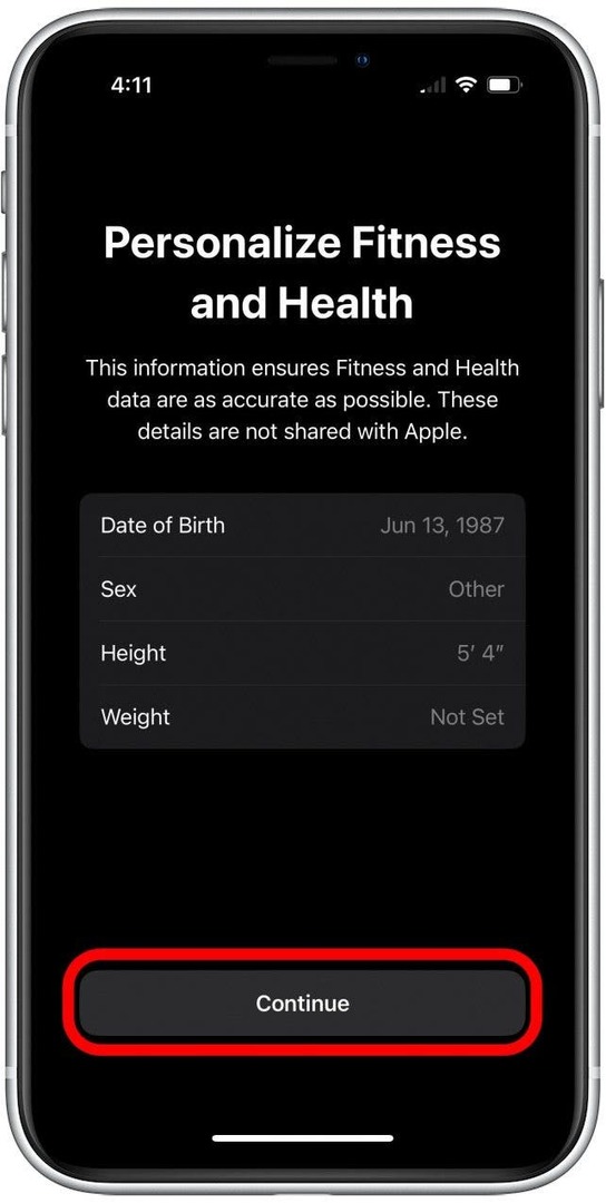 Schermata di configurazione fitness per personalizzare le informazioni sulla salute con il pulsante Continua contrassegnato.