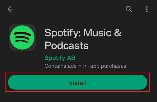 Søg efter Spotify og installer