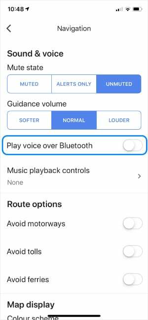Configurações de navegação do Google Maps Bluetooth
