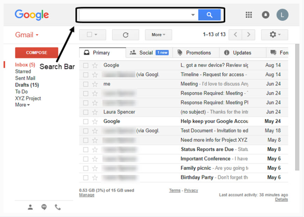 Otevřete svůj účet Gmail a hledejte vyhledávací pole