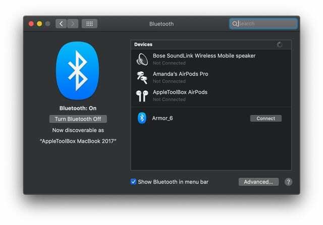 zobraziť bluetooth v lište ponuky Mac