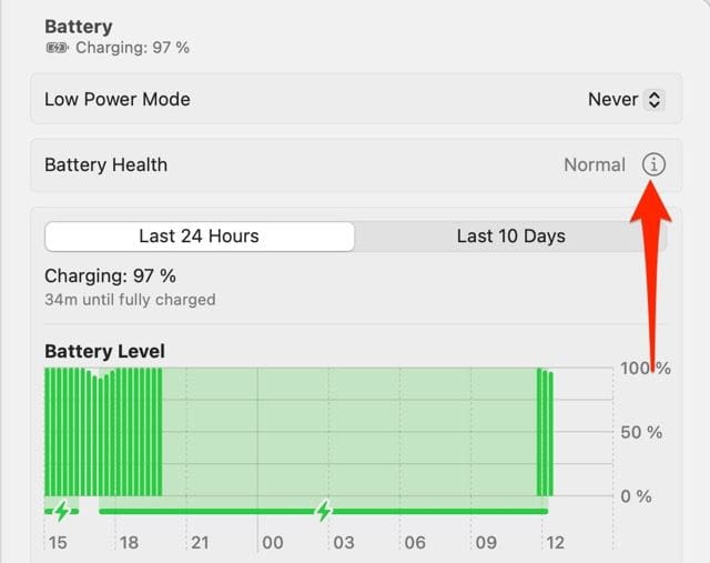 Screenshot, der das Informationssymbol auf einem MacBook zeigt