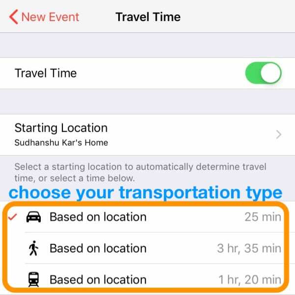 choisissez le mode de transport dans le temps de trajet de l'application du calendrier