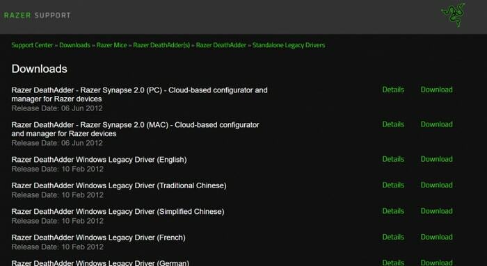 Encuentre la versión reciente del controlador de Razer del sitio oficial de Razer