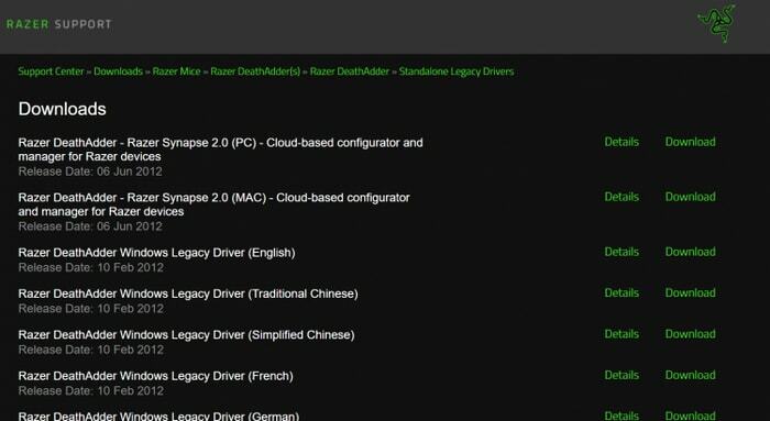 Trouver la version récente du pilote Razer du site officiel de Razer