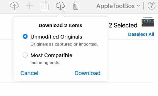 Opzioni di download di icloud.com per foto non modificate o più compatibili