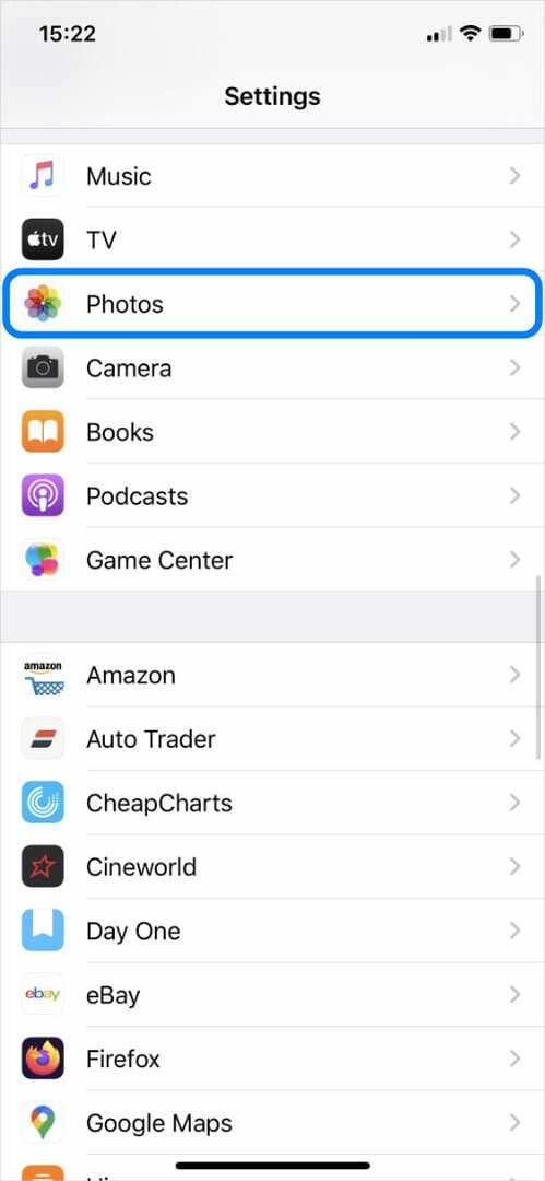 Fotók opció az iPhone Beállítások alkalmazásában