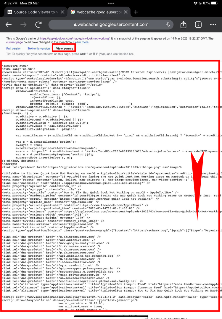 Как да видите източника на страница в Safari с помощта на Google Web Cache