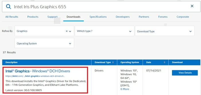 Klik på Intel Graphics og Windows DCH Drivers