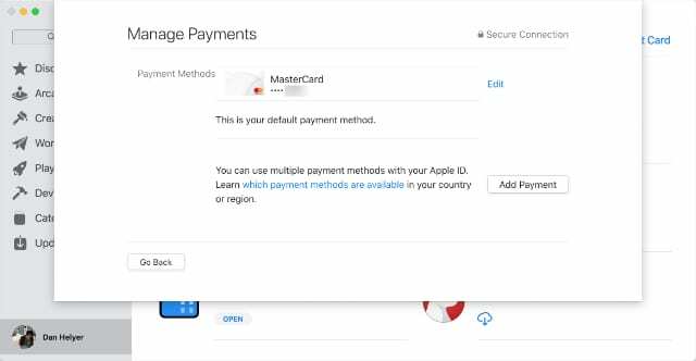 Página de métodos de pagamento da Mac App Store
