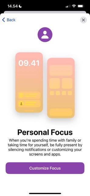 Screenshot che mostra il pulsante di inizio su iOS 16 per personalizzare le modalità Focus