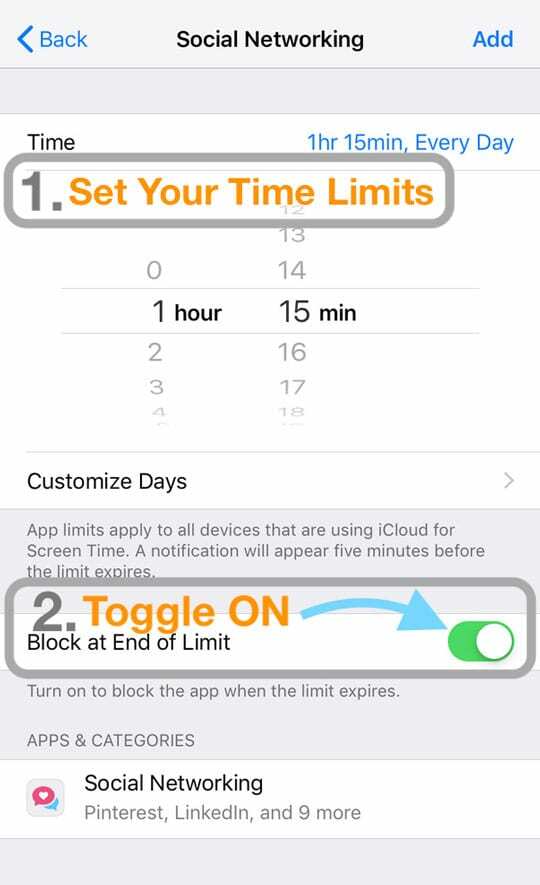 limites de aplicativos nas configurações de tempo de tela do iOS