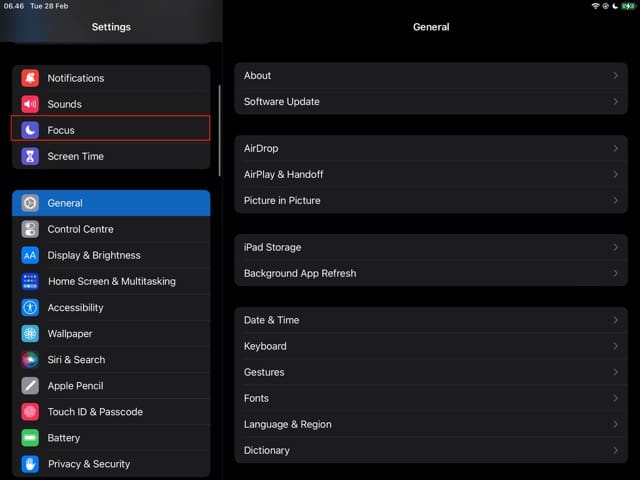لقطة شاشة توضح كيفية اختيار إعدادات Focus Modes على جهاز iPad