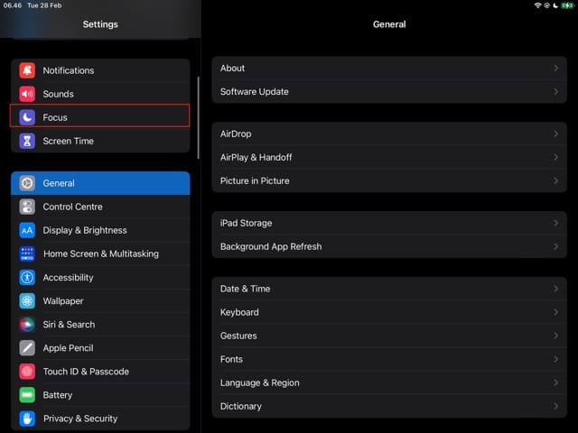 अपने iPad पर फ़ोकस मोड के लिए सेटिंग चुनने का तरीका दिखाने वाला स्क्रीनशॉट