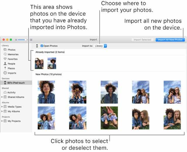 სურათების იმპორტი Mac Photos აპში iPhone-დან, iPad-იდან ან iPod-იდან