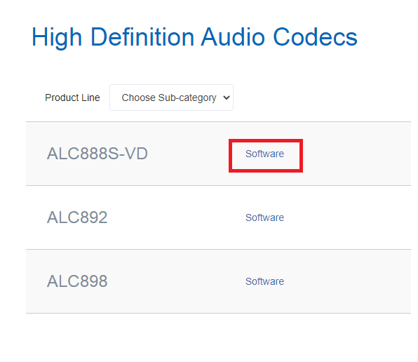 Haga clic en el enlace de software junto a su tarjeta de sonido