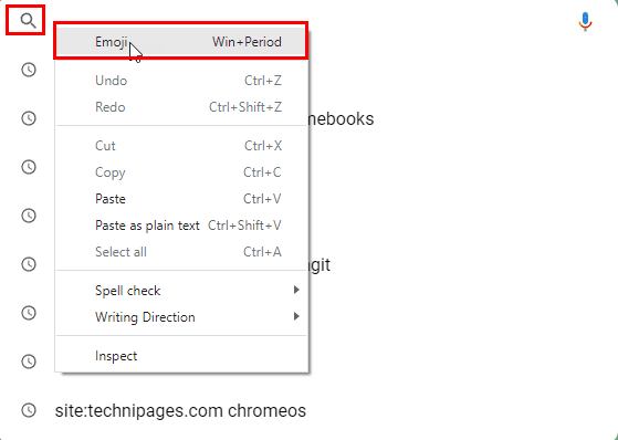 Presione la tecla de acceso rápido emoji de Chromebook en el campo de búsqueda