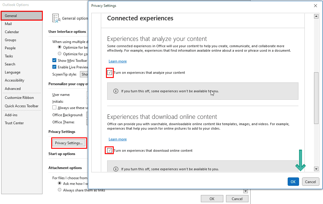 Verwenden Sie die Option „Datenschutzeinstellungen“, um zu beheben, dass die Schaltfläche „Add-Ins abrufen“ in Outlook ausgegraut ist
