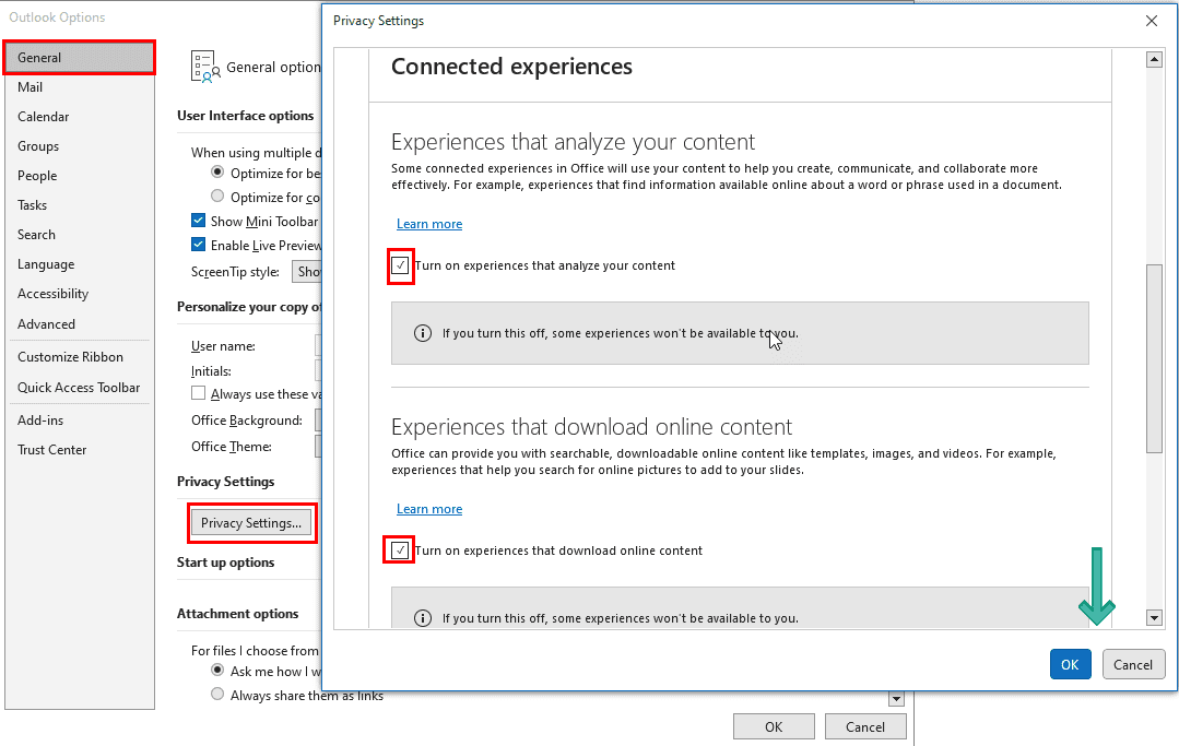 Use la opción de configuración de privacidad para arreglar el botón Obtener complementos de Outlook que está atenuado