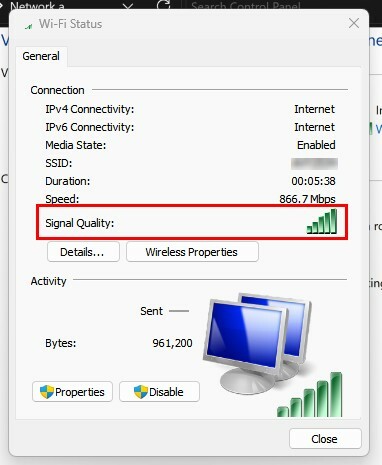 Qualidade do sinal do painel de controle no Windows 11