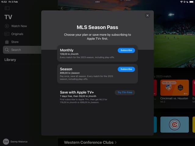 Ekrano kopija, kurioje rodomos skirtingos „Apple TV MLS Season Pass“ kainodaros parinktys