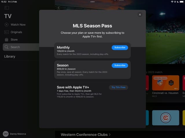 Captură de ecran care arată diferite opțiuni de preț pentru Apple TV MLS Season Pass