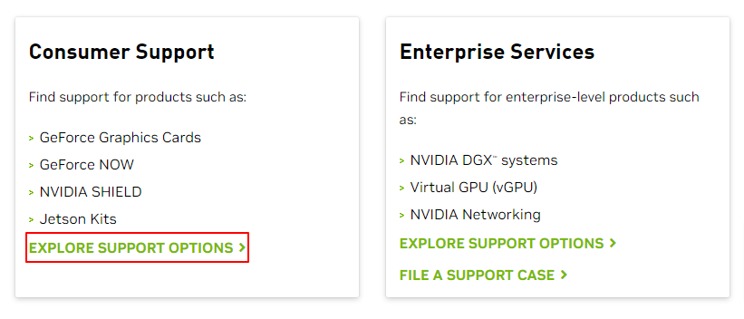 explorer les options de support -nvidia