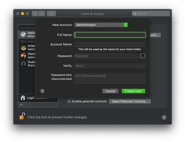 jauns administratora lietotājs operētājsistēmā macOS