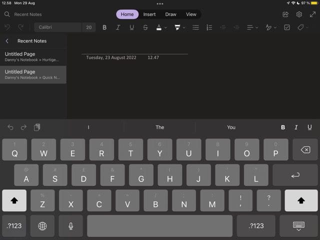 Capture d'écran de l'interface de l'application OneNote