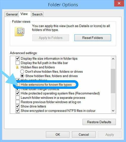 zrušte výběr skrýt přípony souborů v systému Windows