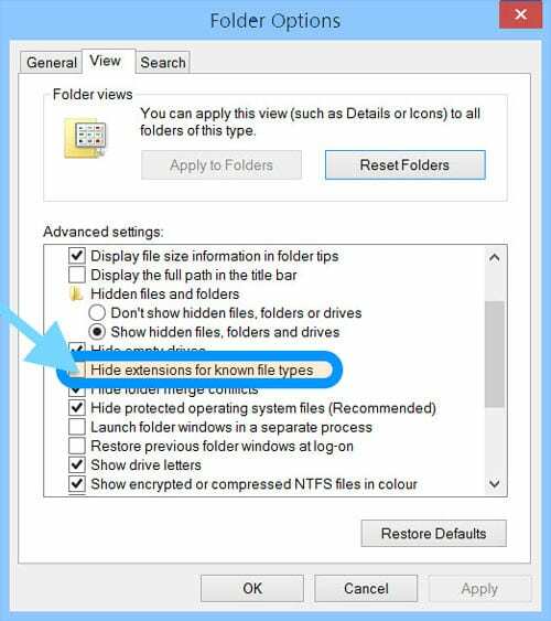 désélectionnez masquer les extensions de fichiers sous Windows