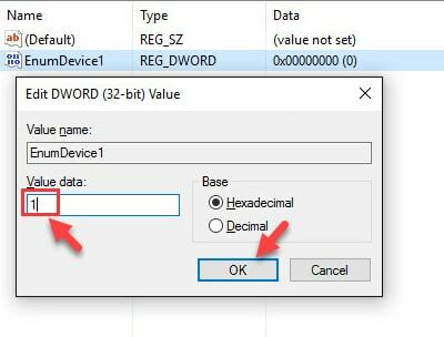 Escriba EnumDevice1, ingrese el cuadro de datos del valor y luego OK