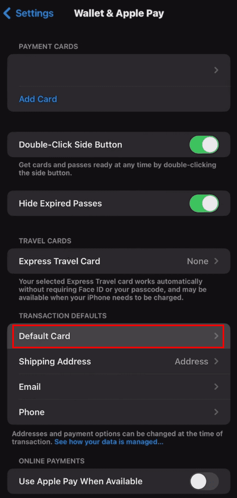 Apple वॉलेट में डिफॉल्ट कार्ड कैसे सेट करें डिफॉल्ट कार्ड पर जाएं
