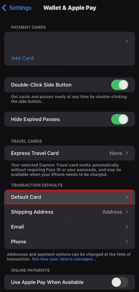 Cómo configurar la tarjeta predeterminada en Apple Wallet Ir a la tarjeta predeterminada