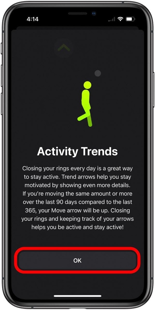 Fitness Activity Trends -tietonäyttö, jossa OK-painike on merkitty.